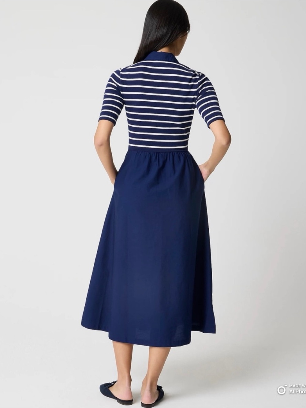 J Crew Factory Medium TALL Navy Blue Striped Collared Knit Dress NWT Pockets - Picture 6 of 16